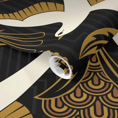 Spoonflower Pre-pasted Wallpaper Art Deco Birds In Cream On A Black Background With Gold Leaves Large 2' X 12' R