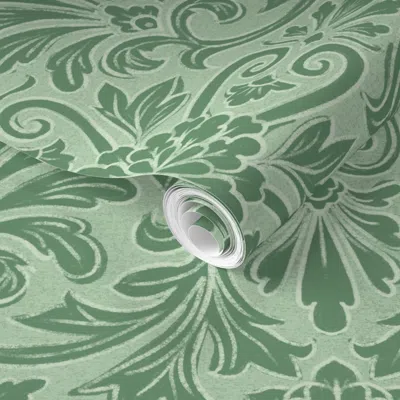 Spoonflower Pre-pasted Wallpaper Art Deco Block Print Floral And Foliage Damask In Green Monochromatic 2' X 12' 