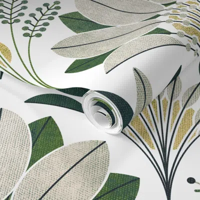 Spoonflower Pre-pasted Wallpaper Art Deco Block Print Palms - Earthy Greens - Medium Scale 2' X 12' Removable
