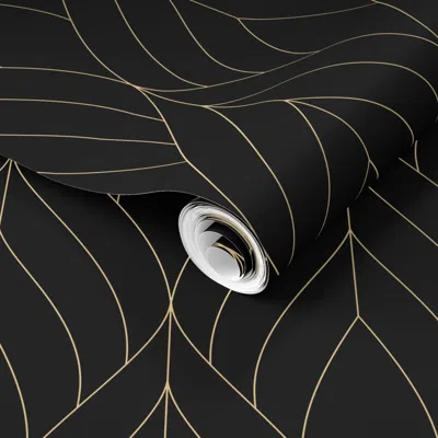 Spoonflower Pre-pasted Wallpaper Art Deco Blossoms - Black With Gold Line Work - Medium Scale 2' X 12' Removable