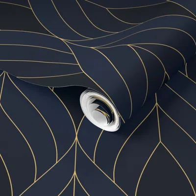 Spoonflower Pre-pasted Wallpaper Art Deco Blossoms - Dark Black/blue Tones With Golden Lines - Medium Scale 2' X