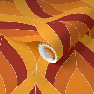 Spoonflower Pre-pasted Wallpaper Art Deco Blossoms - Flames Orange Red - Medium Scale 2' X 12' Removable In Multi