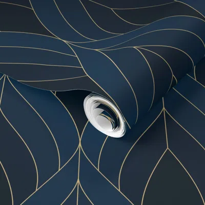 Spoonflower Pre-pasted Wallpaper Art Deco Blossoms - Gorgeous Blue Tones With Golden Lines- Medium Scale 2' X 12