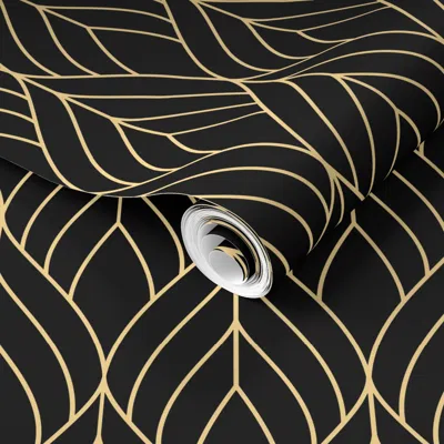Spoonflower Pre-pasted Wallpaper Art Deco Blossoms - Thick Gold Lines On Black - Small Scale 2' X 12' Removable