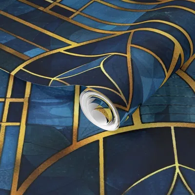 Spoonflower Pre-pasted Wallpaper Art Deco Blue And Gold 2' X 12' Removable