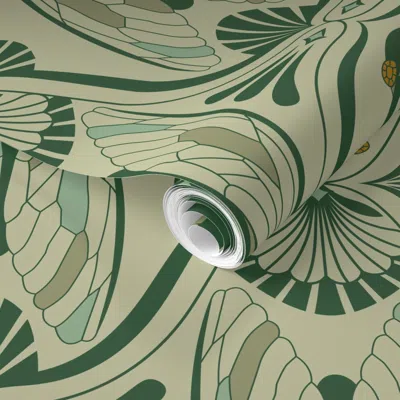 Spoonflower Pre-pasted Wallpaper Art Deco Cicada In Jade 2' X 12' Removable