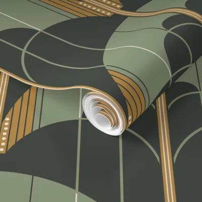 Spoonflower Pre-pasted Wallpaper Art Deco Cloud Stripes-olive Patina Golden Ochre Asphalt Gray  Removable