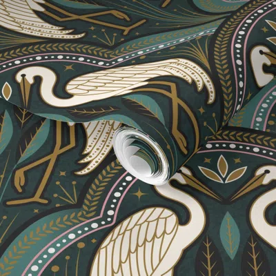 Spoonflower Pre-pasted Wallpaper Art Deco Crane 1b Medium 2' X 12' Removable