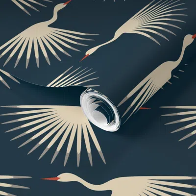 Spoonflower Pre-pasted Wallpaper Art Deco Cranes - Midnight 2' X 12' Removable In Multi