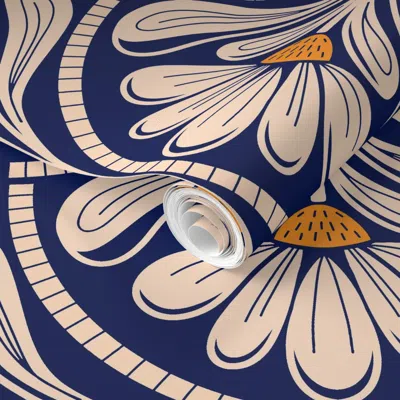 Spoonflower Pre-pasted Wallpaper Art Deco Daisy Floral Pattern - Vintage Geometric Blue Cream-l 2' X 12' Removab