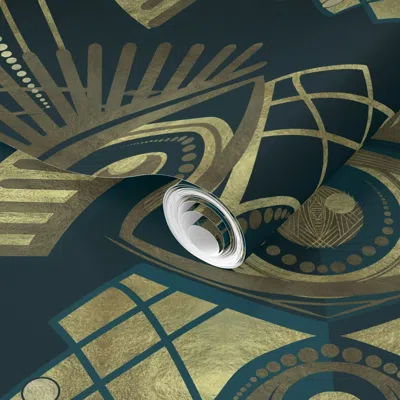 Spoonflower Pre-pasted Wallpaper Art Deco Evil Eye - Gilded Gold On Teal  Removable