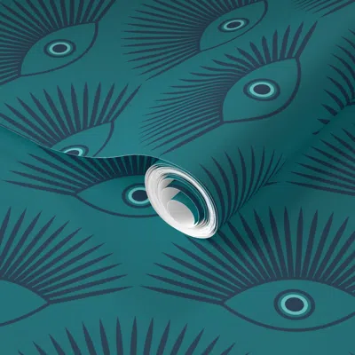 Spoonflower Pre-pasted Wallpaper Art Deco Evil Eye - Teal + Navy Blue 2' X 12' Removable