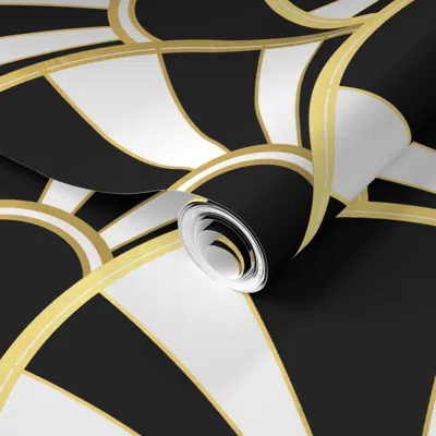 Spoonflower Pre-pasted Wallpaper Art Deco Fan In Black White And Gold 2' X 12' Removable In Multi