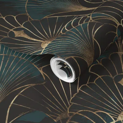 Spoonflower Pre-pasted Wallpaper Art Deco Fan Pattern In Teal & Gold 2' X 12' Removable