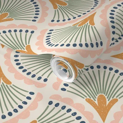 Spoonflower Pre-pasted Wallpaper Art Deco Fan Stamp - Blue Pink 2' X 12' Removable