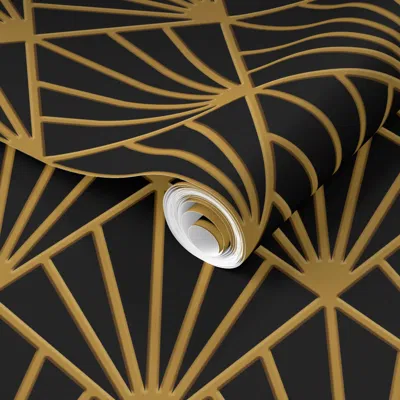Spoonflower Pre-pasted Wallpaper Art Deco Fans With 3d Effect - Gold On Black 2' X 12' Removable