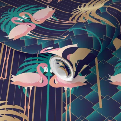 Spoonflower Pre-pasted Wallpaper Art Deco Flamingo Palm Trees Diamond Arches Navy Pink Gold 2' X 12' Removable
