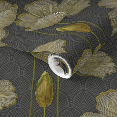 Spoonflower Pre-pasted Wallpaper Art Deco Fleurs D Or 2' X 12' Removable