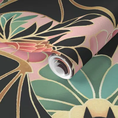 Spoonflower Pre-pasted Wallpaper Art Deco Floral Bats 2' X 12' Removable