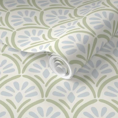 Spoonflower Pre-pasted Wallpaper Art Deco Floral Blue And Green Scallop 3in 2' X 12' Removable