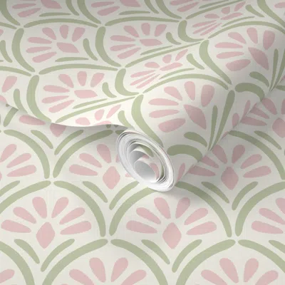 Spoonflower Pre-pasted Wallpaper Art Deco Floral Pink And Green Scallop 3in 2' X 12' Removable