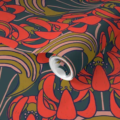 Spoonflower Pre-pasted Wallpaper Art Deco - Floral Teal 2' X 12' Removable