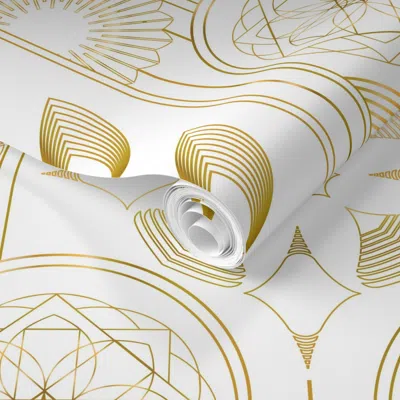 Spoonflower Pre-pasted Wallpaper Art Deco Flower Cloches Metallic Gold On White Floral  - Half-drop 2' X 12' Rem