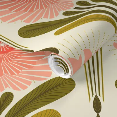 Spoonflower Pre-pasted Wallpaper Art Deco Flowers - Green & Pink - X Large 2' X 12' Removable