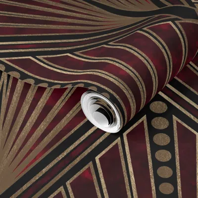 Spoonflower Pre-pasted Wallpaper Art Deco Geometric Fan Pattern - 1920s Glam - Ruby Red On Black Gd (l)  Removab