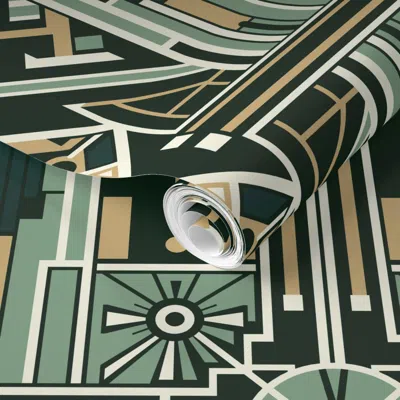 Spoonflower Pre-pasted Wallpaper Art Deco Geometric Pattern In Green 2' X 12' Removable
