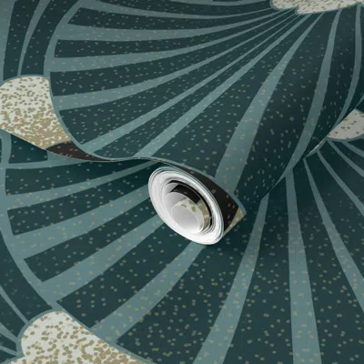 Spoonflower Pre-pasted Wallpaper Art Deco Geometric Scallop Fans Sun Elegant Blue Teal Gold 2' X 12' Removable