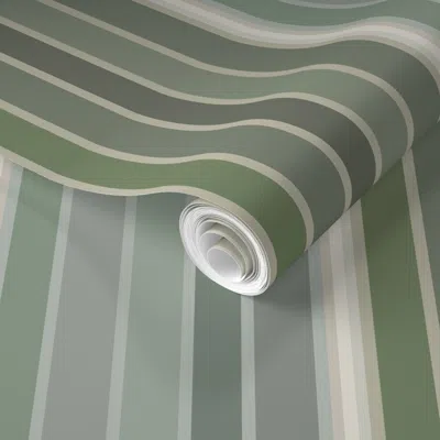 Spoonflower Pre-pasted Wallpaper Art Deco Ginko Leaves Green And Silver Coordinate Stripes 2' X 12' Removable