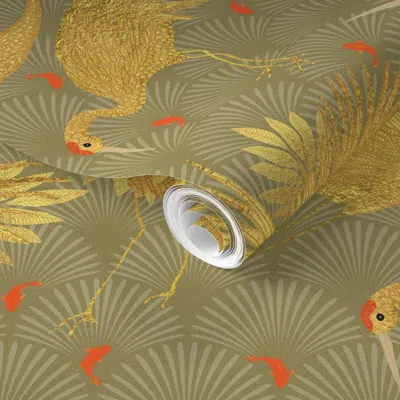 Spoonflower Pre-pasted Wallpaper Art Deco Golden Japanese Cranes Feast 2' X 12' Removable