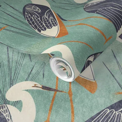 Spoonflower Pre-pasted Wallpaper Art Deco Great Egret - Aqua Blue 2' X 12' Removable