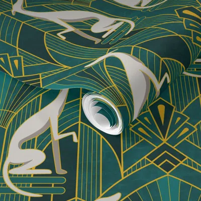 Spoonflower Pre-pasted Wallpaper Art Deco Greyhound Bg Teal 50size 2' X 12' Removable