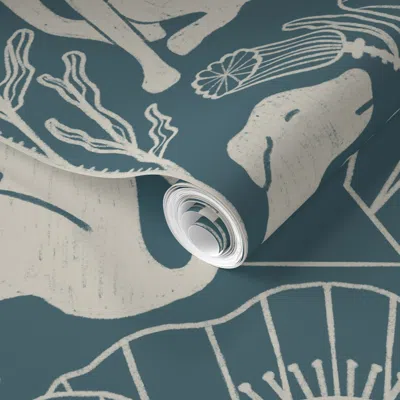 Spoonflower Pre-pasted Wallpaper Art Deco Greyhound Dogs & Geometric Poppy Floral Stained Glass Teal Blue Xl 2' 