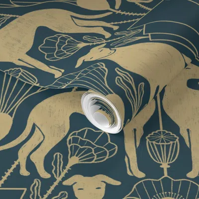 Spoonflower Pre-pasted Wallpaper Art Deco Greyhound Dogs Geometric Poppy Floral Glamour Teal Blue & Gold 2' X 12