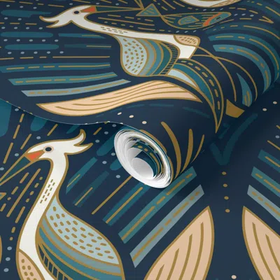 Spoonflower Pre-pasted Wallpaper Art Deco Herons Lg 2' X 12' Removable