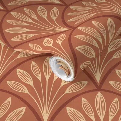 Spoonflower Pre-pasted Wallpaper Art Deco Leaf Fan (terracotta Orange) 2' X 12' Removable