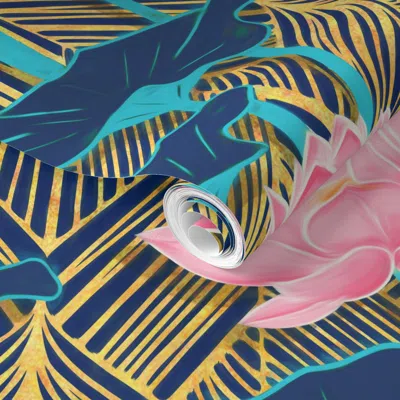 Spoonflower Pre-pasted Wallpaper Art Deco Lotus Flowers In Pink & Navy 2' X 12' Removable