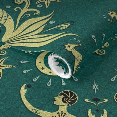 Spoonflower Pre-pasted Wallpaper Art Deco Mermaids And Moonlight 2' X 12' Removable In Multi