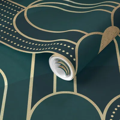 Spoonflower Pre-pasted Wallpaper Art Deco Moon And Waterfall In Jade - Jumbo 2' X 12' Removable In Multi