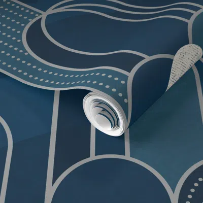 Spoonflower Pre-pasted Wallpaper Art Deco Moon And Waterfall In Sapphire And Silver - Jumbo 2' X 12' Removable