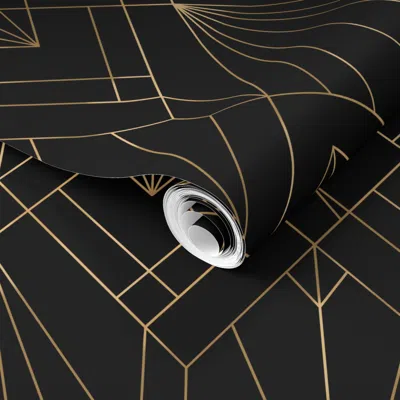 Spoonflower Pre-pasted Wallpaper Art Deco / Nouveau - Medium Scale - Black & Gold  Removable