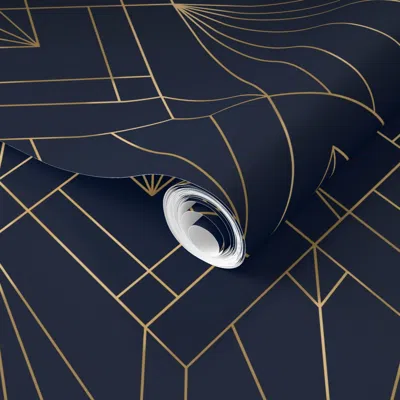 Spoonflower Pre-pasted Wallpaper Art Deco / Nouveau - Medium Scale - Gold & Navy 2' X 12' Removable In Blue