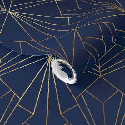 Spoonflower Pre-pasted Wallpaper Art Deco On Navy Blue 2' X 12' Removable In Multi