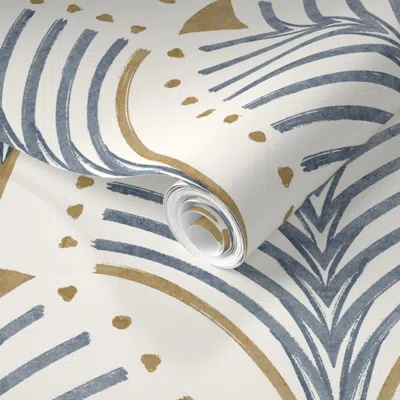 Spoonflower Pre-pasted Wallpaper Art Deco Palm Fan Blue & Gold On Cream Geometric Pattern 2' X 12' Removable