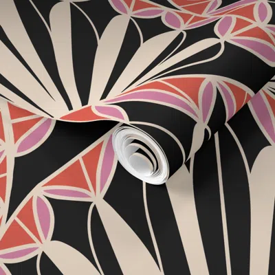 Spoonflower Pre-pasted Wallpaper Art Deco Palm Fan Retro Orange Pink & Black Large Scale 2' X 12' Removable