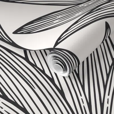 Spoonflower Pre-pasted Wallpaper Art Deco Palm Leaf Scallop -black & White- Dramatic Glamour Luxury Interior 2' 