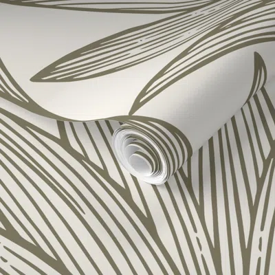 Spoonflower Pre-pasted Wallpaper Art Deco Palm Leaf Scallop -green Kelp&cream- Glamorous Neutral Accent Wall 2' 